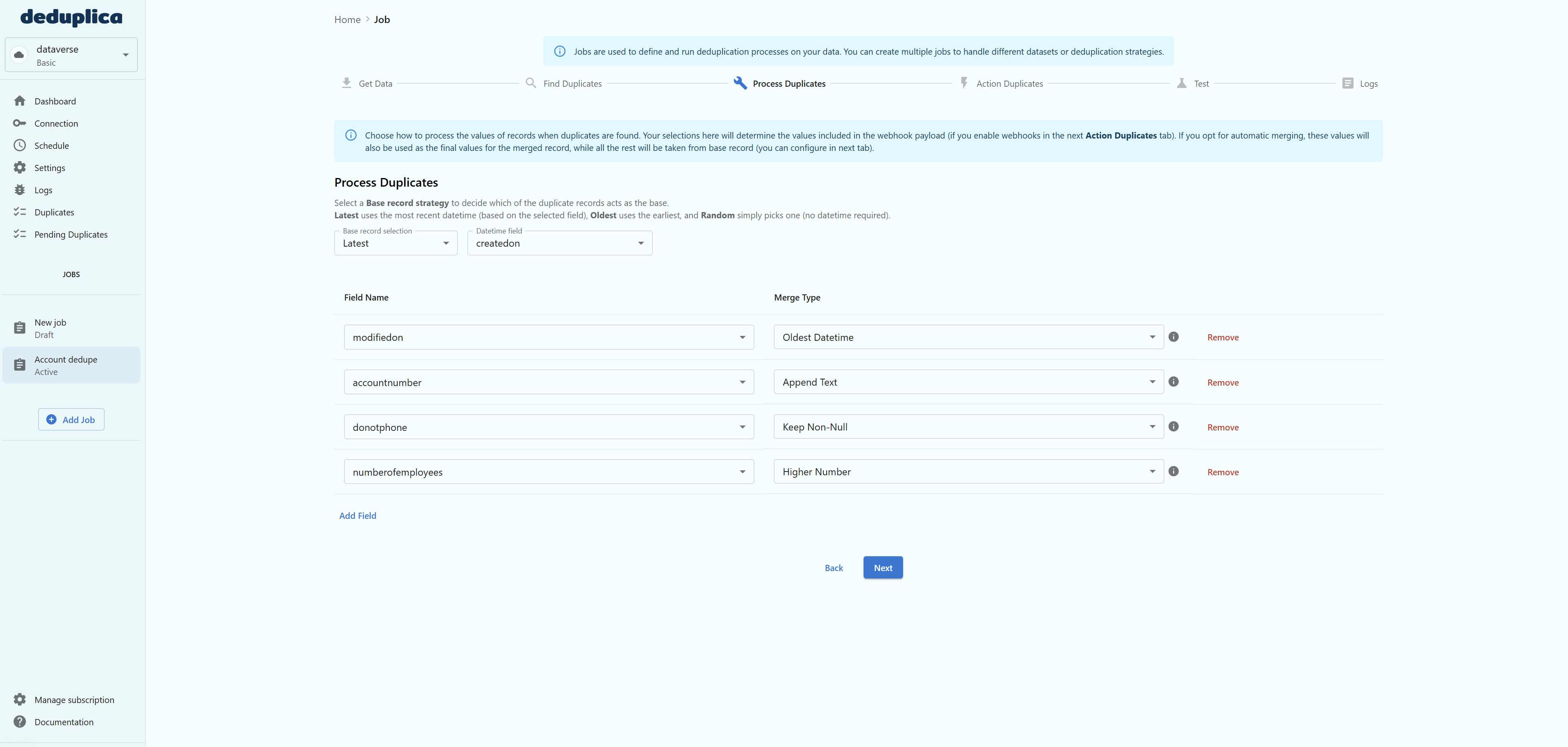Configuring how duplicates are processed and merged