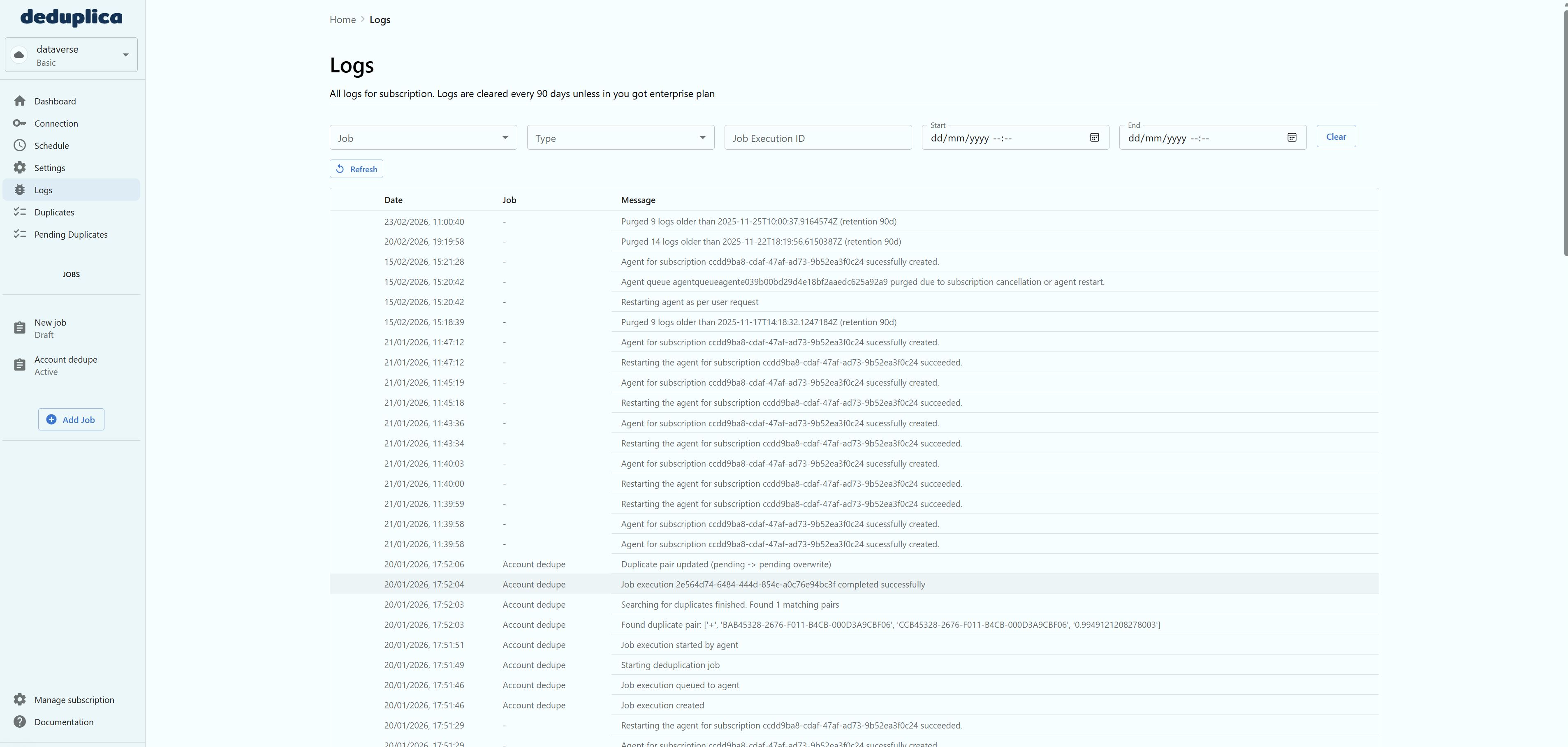 Execution logs and run history